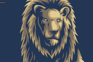 Ilustração vetorial de um leão, animal símbolo do Imposto de Renda, sobre um fundo azul.