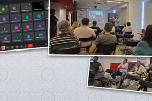 Montagem de três fotos retratando uma reunião híbrida, com participantes presenciais e online. Na imagem central, o coordenador-geral do SINJUS, Alexandre Pires, está em pé apresentando um conteúdo projetado na parede, enquanto diversas pessoas sentadas em cadeiras dobráveis o escutam. A sala tem paredes brancas e detalhes em vermelho. Na imagem inferior, outra perspectiva mostra mais participantes, alguns com braços cruzados e outros anotando. Na imagem do topo, uma captura de tela mostra a interface de uma reunião virtual, com vários participantes conectados e exibidos em pequenos quadros, com nomes visíveis. Conteúdo textual: Reunião aberta - SINJUS e servidores debatem a implementação da jornada de 8 horas no TJMG.