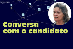 Representação de redes sociais e aplicativos interconectados, abaixo desta imagem há o texto "Conversa com o candidato". Em destaque está a foto da candidata Vanessa Portugal, uma mulher branca de cabelos castanhos, curtos e lisos.