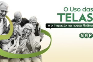 Imagem Acessível: A imagem divulga o encontro do NAP do SINJUS-MG, com o tema “O uso das telas e o impacto na nossa rotina”. O evento acontecerá no dia 20 de outubro (segunda-feira), às 14h30, no Espaço Lea Leda, e contará com a participação da convidada Paula Bento, designer de conexões. A arte mostra um grupo de pessoas sorrindo e usando celulares, representando o tema central da discussão sobre tecnologia e bem-estar.