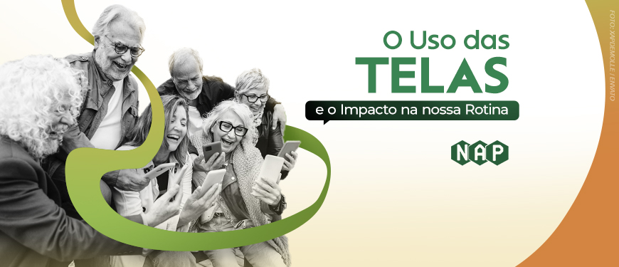 Imagem Acessível: A imagem divulga o encontro do NAP do SINJUS-MG, com o tema “O uso das telas e o impacto na nossa rotina”. O evento acontecerá no dia 20 de outubro (segunda-feira), às 14h30, no Espaço Lea Leda, e contará com a participação da convidada Paula Bento, designer de conexões. A arte mostra um grupo de pessoas sorrindo e usando celulares, representando o tema central da discussão sobre tecnologia e bem-estar.
