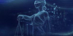 Ilustração digital da figura da Justiça, representada como uma mulher vendada segurando uma balança. A imagem é composta por linhas e pontos luminosos em tons de azul, criando um efeito futurista e tecnológico sobre um fundo escuro