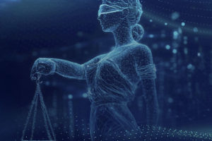Ilustração digital da figura da Justiça, representada como uma mulher vendada segurando uma balança. A imagem é composta por linhas e pontos luminosos em tons de azul, criando um efeito futurista e tecnológico sobre um fundo escuro