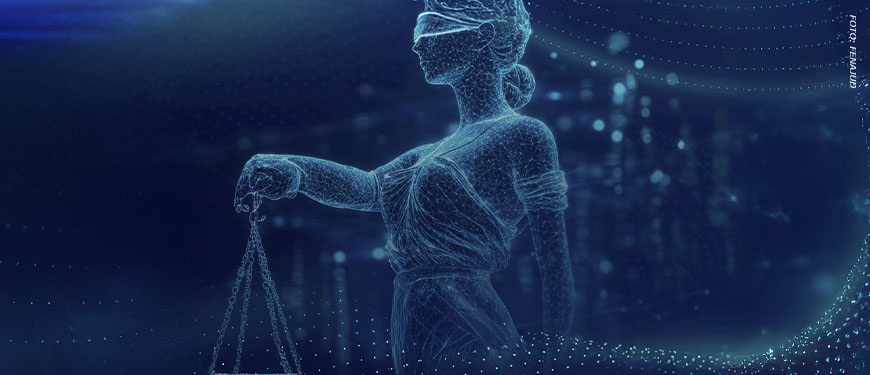 Ilustração digital da figura da Justiça, representada como uma mulher vendada segurando uma balança. A imagem é composta por linhas e pontos luminosos em tons de azul, criando um efeito futurista e tecnológico sobre um fundo escuro
