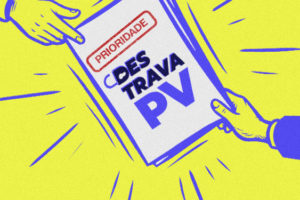 Imagem ilustrada em tons de amarelo e azul mostra um documento com o carimbo “Prioridade” e o selo da campanha “DESTRAVA PV”, o material é passado de uma mão para outra. Traços ao redor do documento reforçam a ideia de alerta e urgência.