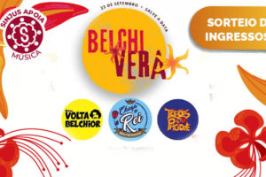 Card com arte colorida, que traz, no centro, o nome do evento "Belchivera" com a marca "Sinjus aprova música" e o texto "23 de setembro – salve a data"; nas laterais, há desenhos de flores em tons alaranjados; na parte de baixo, há letreiros circulares com as atrações do evento (Bloco Volta Belchior, Chega o Rei, Tiozões do Pagode); no canto superior direito, em fundo laranja, há o texto "Sorteio de 3 pares de ingresso".