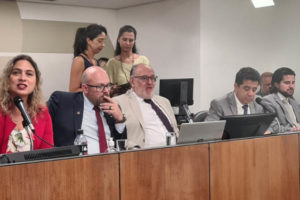 a mesa diretiva da votação da CAP (Comissão de Administração Pública da ALMG) com deputados reunidos, em destaque está a deputada Beatriz Cerqueira, uma mulher branca e loira, vestida em traje vermelho.