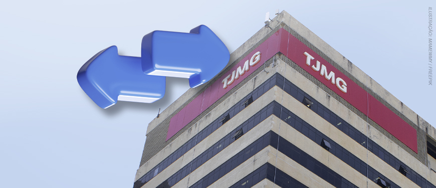 Imagem Acessível: A imagem mostra o prédio do Tribunal de Justiça de Minas Gerais (TJMG) em destaque, com sua fachada com o logotipo em vermelho visível no topo. Em primeiro plano, há um ícone tridimensional de duas setas azuis apontando em direções opostas. Sobre a imagem, o texto diz: “TJMG divulga lista de inscrições definitivas no edital de remoção nº 1/2025”. No canto superior esquerdo, aparece o termo “Lotação”, e na base da imagem está o logotipo do SINJUS-MG.