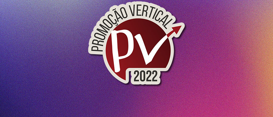 Selo da Promoção Vertical 2022 sobre fundo em tons de roxo.