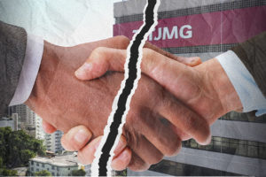Montagem digital de um papel amassado rasgado ao meio, nele há uma imagem do edifício sede do TJMG e à frente dele há um aperto de mãos, que é partido ao meio. Conteúdo textual: INADMISSÍVEL - PRESIDÊNCIA DO TJ DESCUMPRE PALAVRA E NÃO ENVIA DATA-BASE 2024 PARA A ALMG.