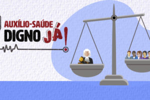 Ilustração vetorial com uma balança, símbolo da justiça, de um lado, está uma representação gráfica de um juiz e do outro há sete pessoas comuns. Apesar de ter um número maior de pessoas de um lado, a balança está mais pesada do lado do juiz.