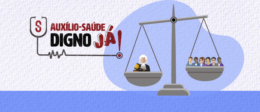 Ilustração vetorial com uma balança, símbolo da justiça, de um lado, está uma representação gráfica de um juiz e do outro há sete pessoas comuns. Apesar de ter um número maior de pessoas de um lado, a balança está mais pesada do lado do juiz.