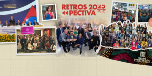 Montagem em formato de retrospectiva de 2025, reunindo diversas fotos de eventos institucionais e encontros coletivos. As imagens mostram palestras, mesas de debate, celebrações, atividades culturais e grandes grupos de pessoas reunidas, com destaque para diversidade de participantes, momentos de confraternização e registros de mobilização social. Ao centro, o título “Retros 2025 – Retrospectiva”, reforçando o caráter de balanço das ações e eventos realizados ao longo do ano.