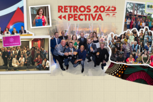 Montagem em formato de retrospectiva de 2025, reunindo diversas fotos de eventos institucionais e encontros coletivos. As imagens mostram palestras, mesas de debate, celebrações, atividades culturais e grandes grupos de pessoas reunidas, com destaque para diversidade de participantes, momentos de confraternização e registros de mobilização social. Ao centro, o título “Retros 2025 – Retrospectiva”, reforçando o caráter de balanço das ações e eventos realizados ao longo do ano.
