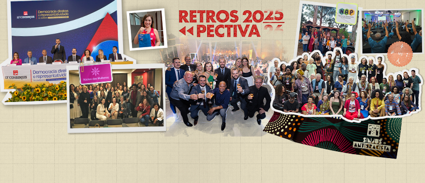 Montagem em formato de retrospectiva de 2025, reunindo diversas fotos de eventos institucionais e encontros coletivos. As imagens mostram palestras, mesas de debate, celebrações, atividades culturais e grandes grupos de pessoas reunidas, com destaque para diversidade de participantes, momentos de confraternização e registros de mobilização social. Ao centro, o título “Retros 2025 – Retrospectiva”, reforçando o caráter de balanço das ações e eventos realizados ao longo do ano.
