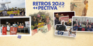 Imagem em formato de colagem com o título “Retrospectiva 2025”. O card reúne fotos de mobilizações, atos públicos e assembleias com a participação de dirigentes do Sinjus-MG e de servidoras e servidores do Tribunal de Justiça de Minas Gerais (TJMG). À esquerda, grupo de manifestantes em frente à Catedral de Brasília segura faixas e cartazes em defesa dos direitos da categoria. Abaixo, assembleia e plenária sindical em auditório, com dirigentes do Sinjus-MG e servidores do TJMG reunidos. Ao centro e à direita, registros de protestos contra reformas e retirada de direitos, além de reuniões e votações, com participantes levantando crachás ou cartões, simbolizando a organização, a luta coletiva e a mobilização ao longo de 2025.