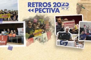 Imagem em formato de colagem com o título “Retrospectiva 2025”. O card reúne fotos de mobilizações, atos públicos e assembleias com a participação de dirigentes do Sinjus-MG e de servidoras e servidores do Tribunal de Justiça de Minas Gerais (TJMG). À esquerda, grupo de manifestantes em frente à Catedral de Brasília segura faixas e cartazes em defesa dos direitos da categoria. Abaixo, assembleia e plenária sindical em auditório, com dirigentes do Sinjus-MG e servidores do TJMG reunidos. Ao centro e à direita, registros de protestos contra reformas e retirada de direitos, além de reuniões e votações, com participantes levantando crachás ou cartões, simbolizando a organização, a luta coletiva e a mobilização ao longo de 2025.