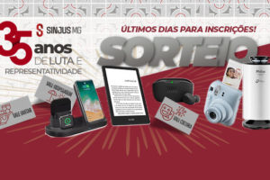 A imagem promocional em comemoração aos 35 anos de luta e representatividade do SINJUS-MG. Em destaque está um sorteio com as mensagens "Últimos dias para inscrições!