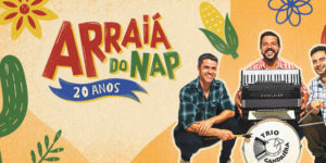 Imagem acessível: A imagem com ilustrações coloridas típicas de festa junina, como cacto, milho, flores e bandeirolas, divulga o Arraiá do NAP em celebração aos 20 anos do núcleo. No centro, o texto informa: “6 de julho, segunda-feira, das 15 às 19 horas, no Restaurante Minas 2, na Avenida dos Bandeirantes, número 2323, Sion, BH”. Na parte inferior, aparecem três músicos sorrindo, vestidos com camisas estampadas, anunciados como atração musical: “Trio Gandaieira”. O card também informa que as vagas são limitadas e que as inscrições devem ser feitas pelo formulário. No rodapé, aparece o logotipo do SINJUS-MG.