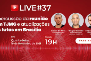 fundo vermelho que traz com fotos dos participantes da live que serão descritos na apresentação. Conteúdo textual: Live #37 – Transmissão ao vivo em nosso canal www.youtube.com/SINJUSMG/ Repercussão da reunião com TJMG e atualizações das lutas em Brasília, com o coordenador-geral do SINJUS-MG, Alexandre Pires (homem de pele clara, cabelo e barba curtos), o diretor de Assuntos Jurídicos, Wagner Ferreira (homem negro com cabelo curto) e o diretor de Finanças do SINJUS-MG, Felipe Rodrigues (homem de pele clara, com olhos, barba e cabelo curto castanhos). Quinta-feira, 18 de novembro de 2021, às 19h. Acessível em Libras.