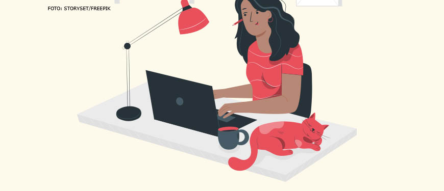 Ilustração de mulher negra trabalhando em home-office, ela está trabalhando em um computador, tem uma expressão facial de satisfação. Ao seu lado, há um gato dormindo.