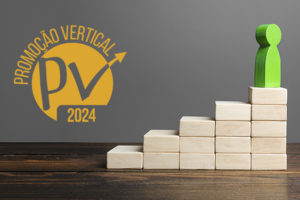 A imagem possui fundo neutro em tom cinza e uma superfície de madeira na base. Sobre a mesa de madeira, blocos de madeira estão organizados em formato de escada crescente, simbolizando progresso. No topo do nível mais alto, há uma peça verde em formato de pessoa, representando conquista e avanço. À esquerda, aparece um selo da promoção vertical. O texto em destaque diz "TJ divulga resultado de pedidos de reconsideração da PV 2024". No rodapé, está aplicada a marca do SINJUS-MG.