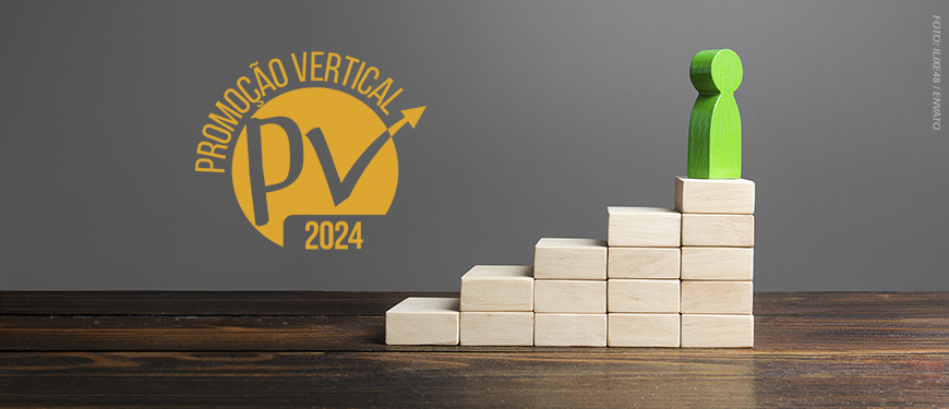 A imagem possui fundo neutro em tom cinza e uma superfície de madeira na base. Sobre a mesa de madeira, blocos de madeira estão organizados em formato de escada crescente, simbolizando progresso. No topo do nível mais alto, há uma peça verde em formato de pessoa, representando conquista e avanço. À esquerda, aparece um selo da promoção vertical. O texto em destaque diz "TJ divulga resultado de pedidos de reconsideração da PV 2024". No rodapé, está aplicada a marca do SINJUS-MG.