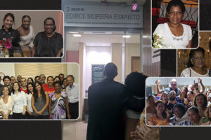 A imagem é uma colagem de várias fotografias em homenagem a Edirce Moreira Evaristo, indicada por uma placa ao centro que diz: "Sede SINJUS-MG Edirce Moreira Evaristo". A placa está localizada na entrada do SINJUS. Em volta estão fotos em que a Edirce aparece interagindo com diretores e funcionários do SINJUS.
