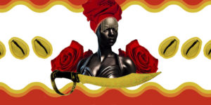 Sobre um fundo com duas rosas vermelhas, está a representação da Orixá Iansã, uma mulher negra, com turbante vermelho, adornado com contas douradas que cobrem seus olhos. À sua frente está uma espada, que segundo a mitologia, é usada para abrir caminhos rumo à igualdade na diferença. Ao fundo estão duas rosas vermelhas.