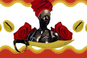 Sobre um fundo com duas rosas vermelhas, está a representação da Orixá Iansã, uma mulher negra, com turbante vermelho, adornado com contas douradas que cobrem seus olhos. À sua frente está uma espada, que segundo a mitologia, é usada para abrir caminhos rumo à igualdade na diferença. Ao fundo estão duas rosas vermelhas.