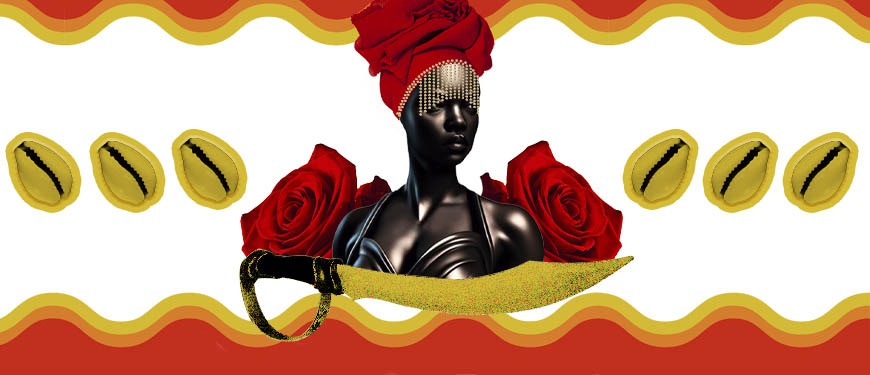 Sobre um fundo com duas rosas vermelhas, está a representação da Orixá Iansã, uma mulher negra, com turbante vermelho, adornado com contas douradas que cobrem seus olhos. À sua frente está uma espada, que segundo a mitologia, é usada para abrir caminhos rumo à igualdade na diferença. Ao fundo estão duas rosas vermelhas.