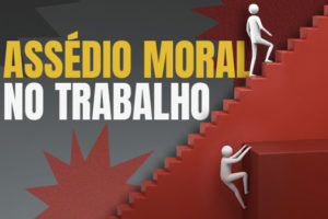 A imagem com fundo em tons escuros e vermelhos mostra uma escadaria vermelha em perspectiva, ocupando boa parte da cena. Sobre os degraus, aparecem duas figuras humanas brancas em 3D. Uma delas sobe a escada normalmente, enquanto a outra tenta escalar pela lateral do degrau, em posição de dificuldade, simbolizando obstáculos e desigualdade.