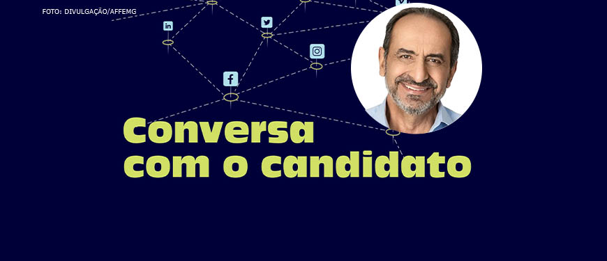 Representação de redes sociais e aplicativos interconectados, abaixo desta imagem há o texto "Conversa com o candidato". Em destaque está a foto do candidato Alexandre Kalil, um homem branco sorridente, ele tem cabelos grisalhos, é calvo e usa barba cerrada também grisalha.