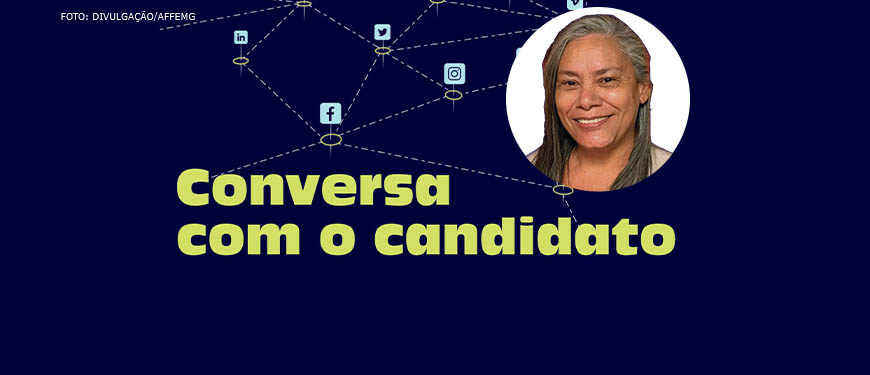 Representação de redes sociais e aplicativos interconectados, abaixo desta imagem há o texto "Conversa com o candidato". Em destaque está a foto da candidata Vanessa Portugal, uma mulher branca de cabelos grisalhos, longos e lisos. Conteúdo textual: YouTube - Lourdes Francisco (PCO) é a entrevistada desta 2ªf., dia 19/9, às 10h.