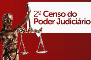 Sobre um fundo vermelho há um balão de diálogo branco onde se lê "2º Censo do Poder Judiciário", sobre este elemento está uma estátua em tom acobreado da deusa Themis, que representa a Justiça. Ela segura uma balança equilibrada em uma das mãos e tem uma espada na outra.