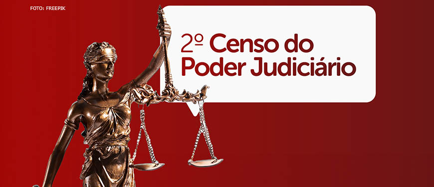 Sobre um fundo vermelho há um balão de diálogo branco onde se lê "2º Censo do Poder Judiciário", sobre este elemento está uma estátua em tom acobreado da deusa Themis, que representa a Justiça. Ela segura uma balança equilibrada em uma das mãos e tem uma espada na outra.