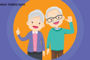 fundo roxo com um círculo laranja ao centro e a ilustração de um casal de idosos sorrindo e acenando.