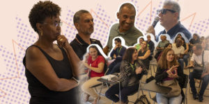 FOTO: SINJUS-MG Imagem Acessível: O fundo é em tons suaves de bege com elementos gráficos abstratos. Na composição, há fotos de várias pessoas em diferentes momentos. Na parte inferior, aparece um grupo maior de pessoas sentadas em sala de aula ou auditório, conversando e interagindo, demonstrando um ambiente participativo e acolhedor. Em destaque estão os diretores dos Sindicatos realizadores do evento: o coordenador no NPD (Núcleo da Pessoa com Deficiência), Alex Aguiar, a diretora social do Serjusmig, Ana Maria Bertelli e o vereador Wagner Ferreira. Conteúdo texual: Acessibilidade e Inclusão - Encontro entre servidores com deficiência do TJ estimula debates e propõe viagem inclusiva.