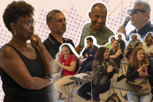 FOTO: SINJUS-MG Imagem Acessível: O fundo é em tons suaves de bege com elementos gráficos abstratos. Na composição, há fotos de várias pessoas em diferentes momentos. Na parte inferior, aparece um grupo maior de pessoas sentadas em sala de aula ou auditório, conversando e interagindo, demonstrando um ambiente participativo e acolhedor. Em destaque estão os diretores dos Sindicatos realizadores do evento: o coordenador no NPD (Núcleo da Pessoa com Deficiência), Alex Aguiar, a diretora social do Serjusmig, Ana Maria Bertelli e o vereador Wagner Ferreira. Conteúdo texual: Acessibilidade e Inclusão - Encontro entre servidores com deficiência do TJ estimula debates e propõe viagem inclusiva.