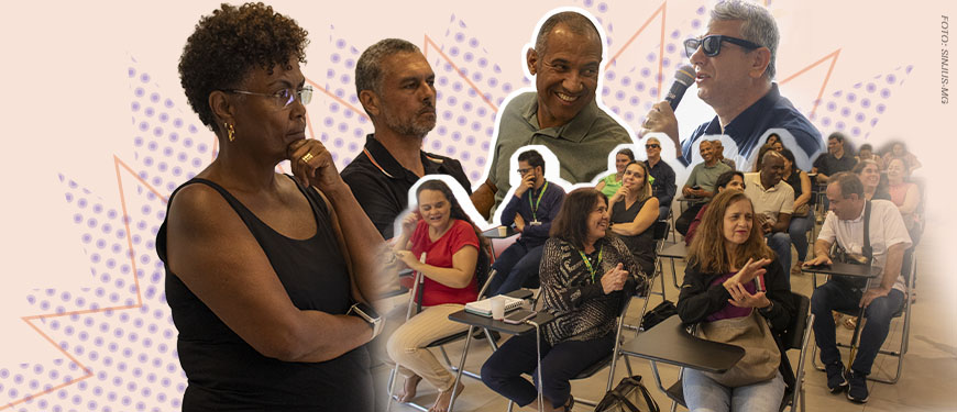 FOTO: SINJUS-MG Imagem Acessível: O fundo é em tons suaves de bege com elementos gráficos abstratos. Na composição, há fotos de várias pessoas em diferentes momentos. Na parte inferior, aparece um grupo maior de pessoas sentadas em sala de aula ou auditório, conversando e interagindo, demonstrando um ambiente participativo e acolhedor. Em destaque estão os diretores dos Sindicatos realizadores do evento: o coordenador no NPD (Núcleo da Pessoa com Deficiência), Alex Aguiar, a diretora social do Serjusmig, Ana Maria Bertelli e o vereador Wagner Ferreira. Conteúdo texual: Acessibilidade e Inclusão - Encontro entre servidores com deficiência do TJ estimula debates e propõe viagem inclusiva.