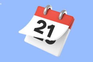 Ilustração de um calendário vermelho e branco indicando o dia 21 em um fundo azul.