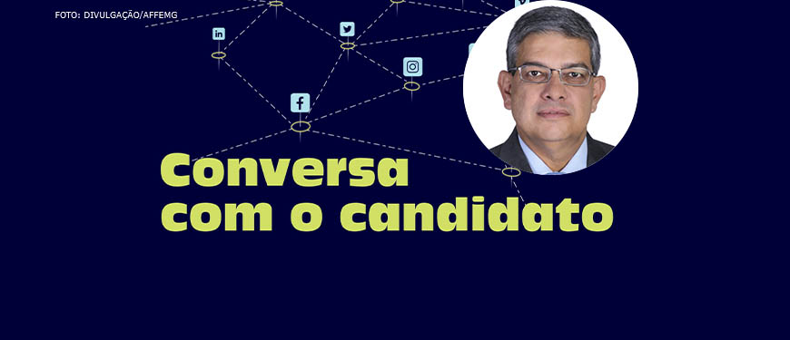 Representação de redes sociais e aplicativos interconectados, abaixo desta imagem há o texto "Conversa com o candidato". Em destaque está a foto do candidato Marcos Pestana, um homem branco com cabelos curtos e grisalhos.