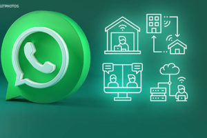 Montagem digital com imagem 3D do logo do aplicativo WhatsApp sobre um fundo verde. Ao lado, há quatro ilustrações em traço branco, brilhando como luz neon. Na primeira ilustração há uma pessoa trabalhando dentro de uma casa, no segundo há uma pessoa conectada remotamente a uma rede corporativa, na terceira há uma reunião online com duas pessoas dialogando e na última há uma pessoa conectada a uma nuvem. Conteúdo textual: NOVO SERVIÇO - SINJUS cria grupo de WhatsApp para orientações sobre o teletrabalho.