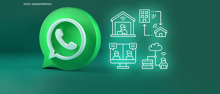 Montagem digital com imagem 3D do logo do aplicativo WhatsApp sobre um fundo verde. Ao lado, há quatro ilustrações em traço branco, brilhando como luz neon. Na primeira ilustração há uma pessoa trabalhando dentro de uma casa, no segundo há uma pessoa conectada remotamente a uma rede corporativa, na terceira há uma reunião online com duas pessoas dialogando e na última há uma pessoa conectada a uma nuvem. Conteúdo textual: NOVO SERVIÇO - SINJUS cria grupo de WhatsApp para orientações sobre o teletrabalho.