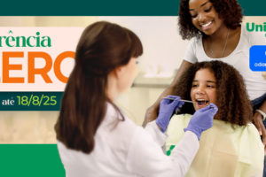 Imagem Acessível: Em destaque, está escrito "Carência ZERO", com o aviso "válido até 18/8/25". Abaixo, uma dentista atende uma criança sorridente, enquanto sua mãe observa com alegria. A campanha é do SINJUS-MG, em parceria com a Unimed Odonto e a Odontoprev. Há orientações para contratar os planos até 18 de agosto de 2025 sem período de carência. Informações de contato estão disponíveis no rodapé.