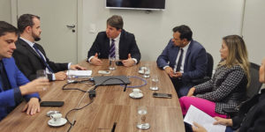 Fotografia de uma reunião realizada em uma sala com paredes claras e uma mesa retangular de madeira. Há oito pessoas estão sentadas ao redor da mesa. No centro da imagem, um homem de terno preto e gravata listrada fala gesticulando com as mãos, enquanto outros participantes ouvem atentamente e tomam notas.