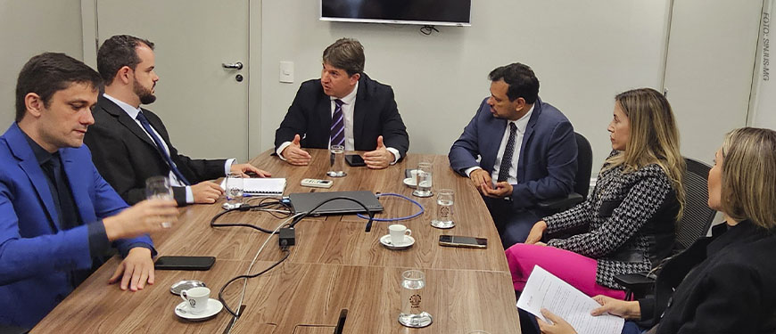 Fotografia de uma reunião realizada em uma sala com paredes claras e uma mesa retangular de madeira. Há oito pessoas estão sentadas ao redor da mesa. No centro da imagem, um homem de terno preto e gravata listrada fala gesticulando com as mãos, enquanto outros participantes ouvem atentamente e tomam notas.