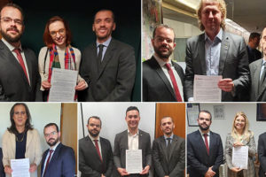 Mosaico com os diretores do SINJUS Alexandre Pires e Felipe Rodrigues com os parlamentares, Zeca Dirceu, Ana Pimentel, Duda Salabert, Pedro Aihara e assessora do deputado federal Zé Silva.