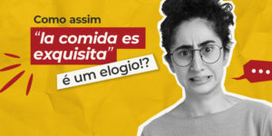 Imagem acessível: A imagem com fundo amarelo divulga as aulas de espanhol do SINJUS-MG. Em destaque na direita aparece a foto em preto e branco de uma mulher com expressão confusa. O texto ao lado brinca com falsos cognatos do espanhol: “Como assim ‘la comida es exquisita’ é um elogio!? E ‘apelido’ significa ‘sobrenome’? Não responda coisas equivocadas durante suas viagens. Venha dominar o idioma no SINJUS-MG”.