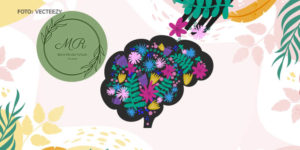 Acessível: Ilustração digital de um cérebro com seu interior florido, recebendo cuidados de uma mão que está do lado externo, em alusão aos benefícios dos cuidados com a mente.